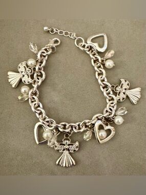 Silver-Tone Heart & Angel Charm Bracelet with Pearl Accents